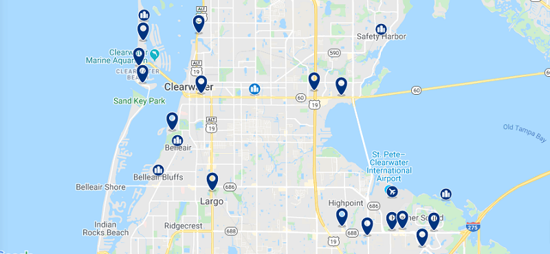 Mapa das melhores regiões para ficar em Clearwater