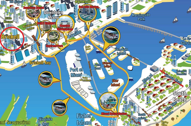 Mapa da região Brickell em Miami