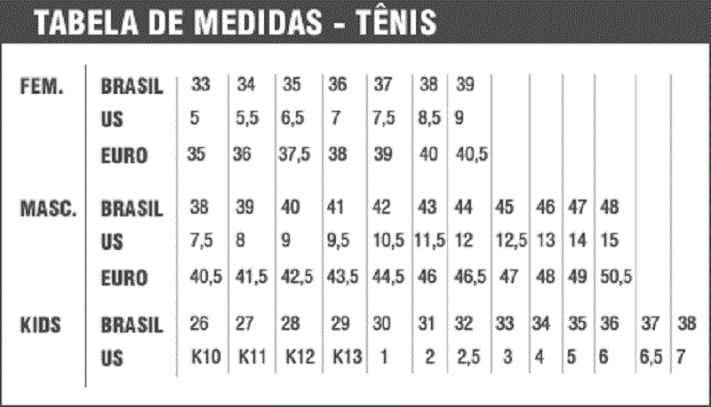 Tabela de medidas de tênis nos EUA
