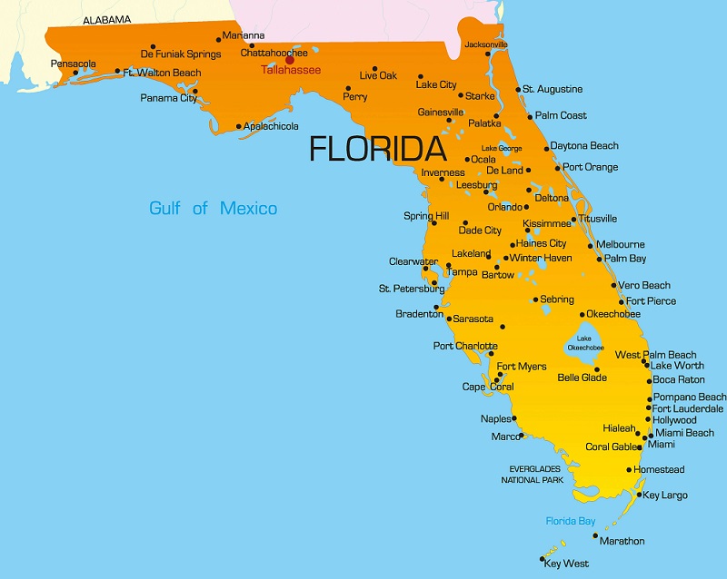 Mapa das cidades e regiões da Flórida