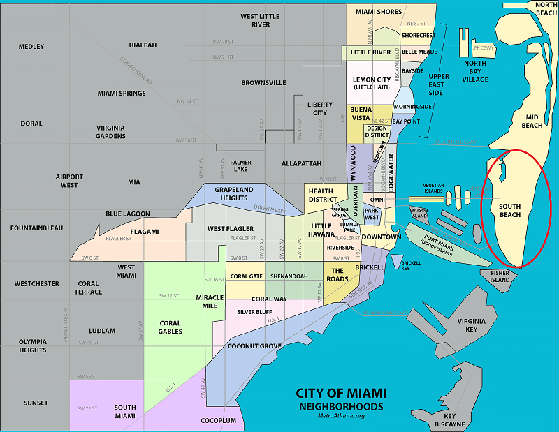 Localização de South Beach em Miami 